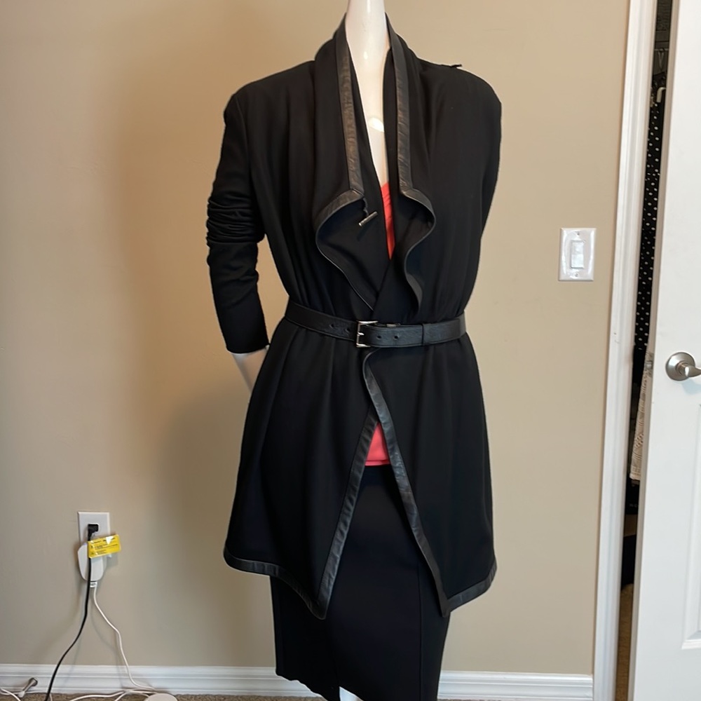 HELMUT LANG DRAPED FRONT WRAP FELT WOOL JACKET TRIM IN GENUINE LEATHER  SM NWOT